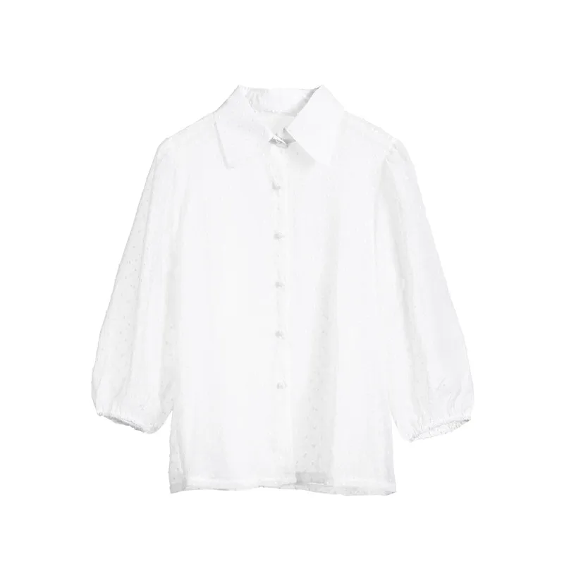 

Women Sexy Fashion Long Sleeve V-neck See-through Mesh Sheer Pearl Button Solid Color Shirt Blouses Holiday Nightclub Wear