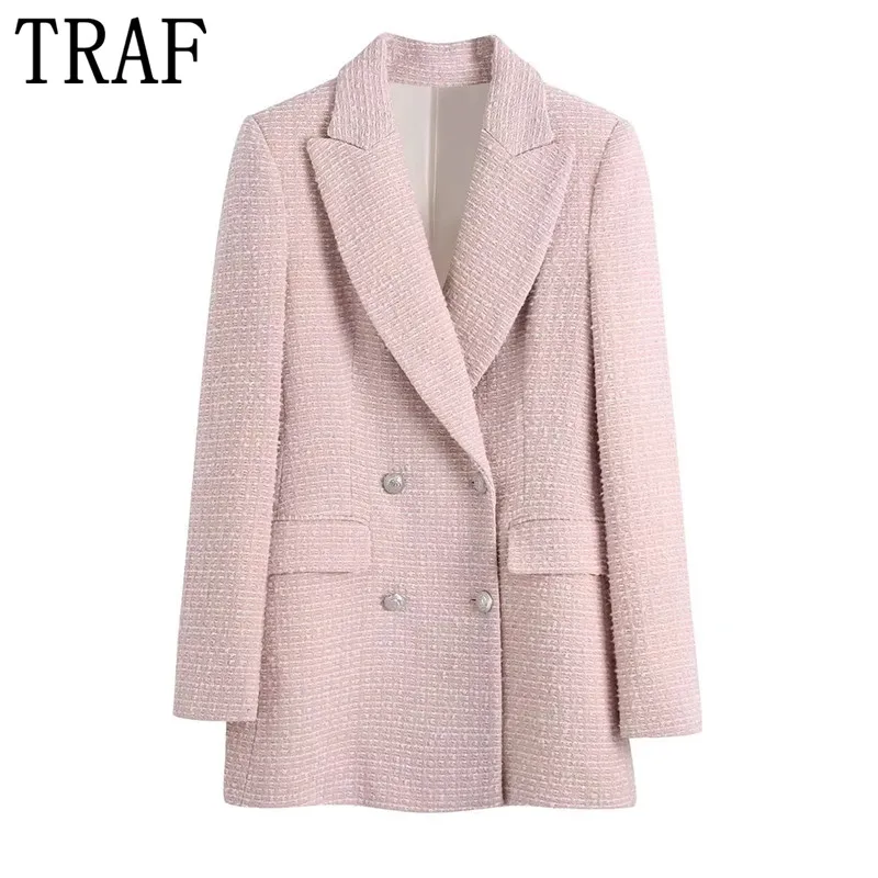 

Женский твидовый двубортный Блейзер TRAF Za, розовый офисный Повседневный блейзер с длинным рукавом, приталенное пальто, зима 2021