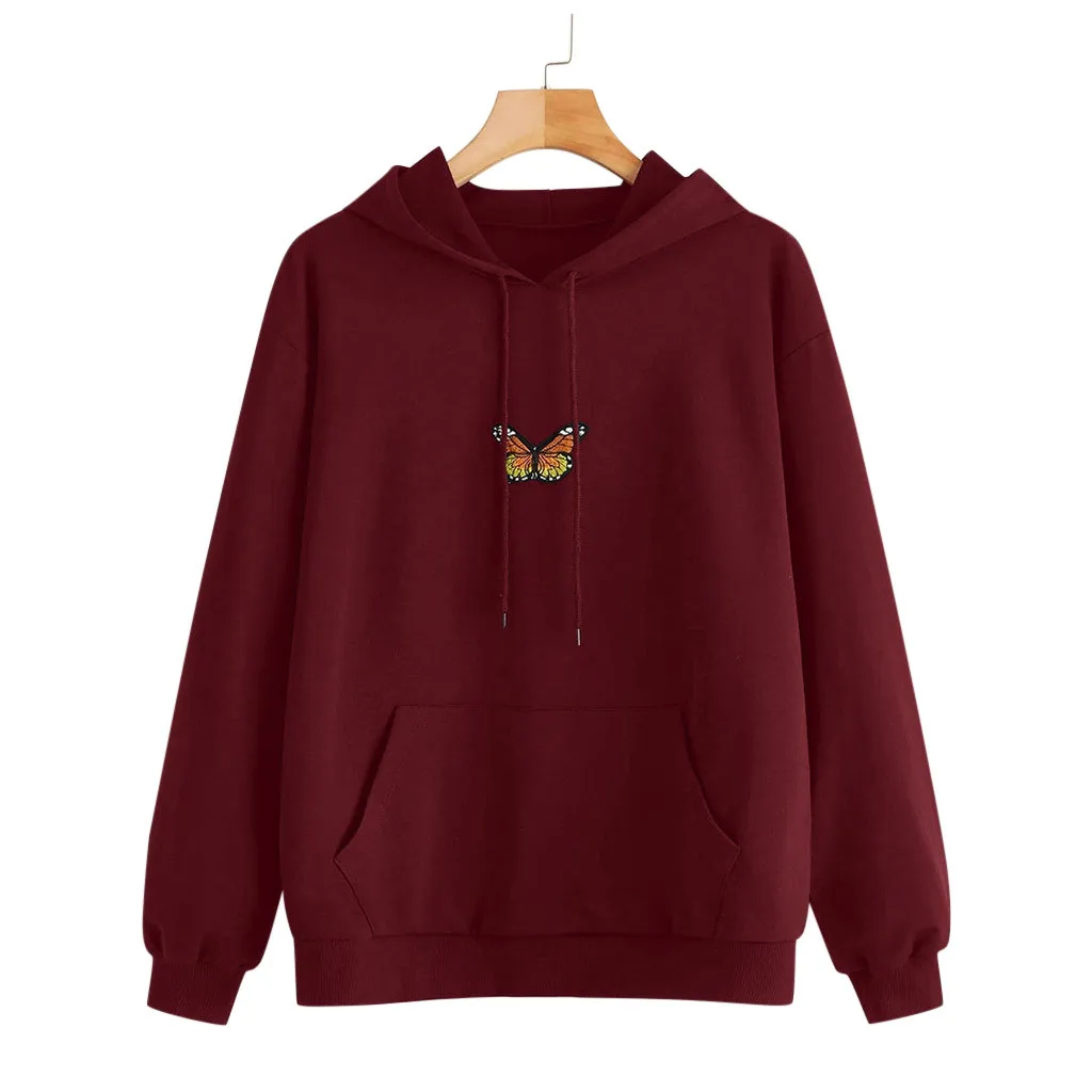 

Sweatshirt Women Butterfly Sweatshirt Long Sleeve Pocket Pullover Hoodie Tunic Top Blouse Harajuku Streetwear Hoody Female D4