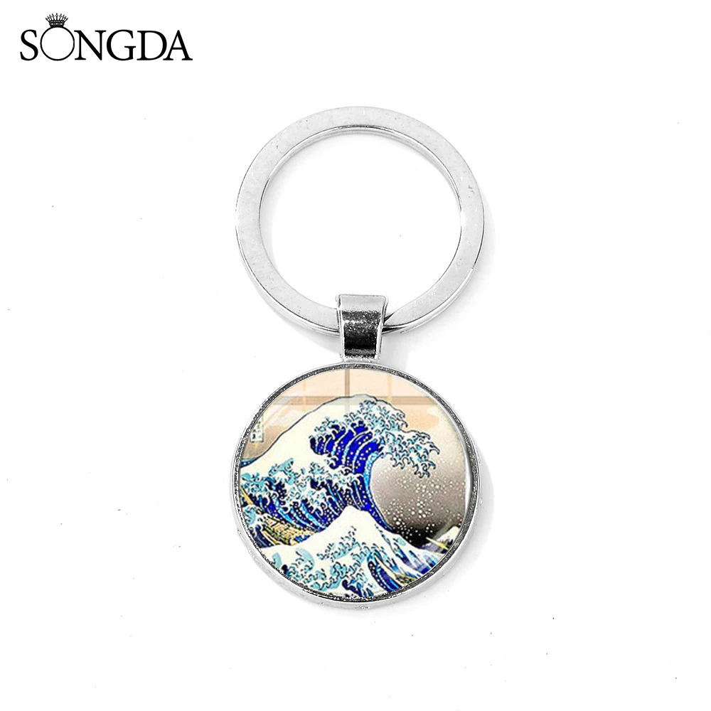 Японский стиль волна канагава стекло искусство фото брелок мультфильм синий