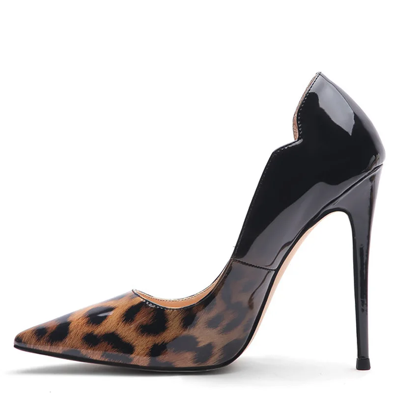 

2021 размера плюс 12 см леопардовая расцветка, на высоком каблуке, женские туфли на шпильке из лакированной кожи туфли с острым носком; Пикантн...