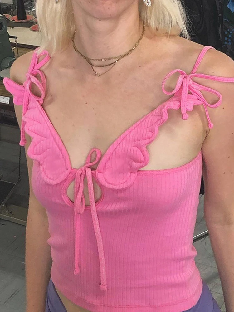 

Sifreyr Wings Cyber Y2k Crop Top Women Sleeveless Rib Knitted Kawaii Grunge Tank Tops Solid Lace Up Cute Mini Vest Camis 2000s