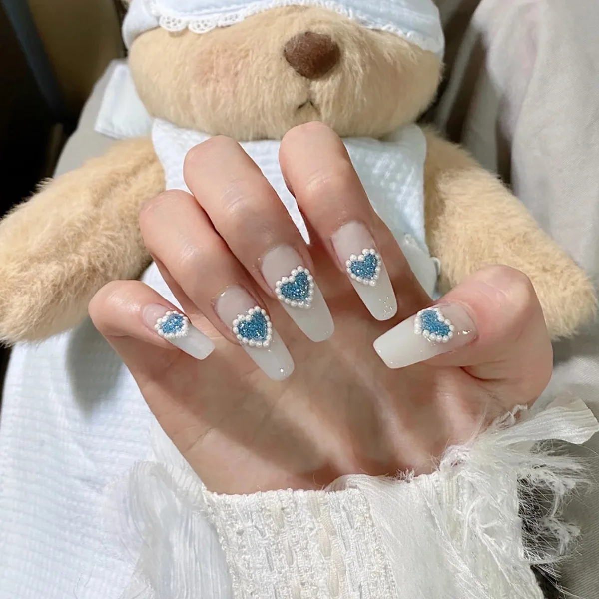 

24 Pcs/Box Fake Nail with Design Blue Heart Relief Pearl Transparent False Nail Tips French Full Coverage Ballerina Nails