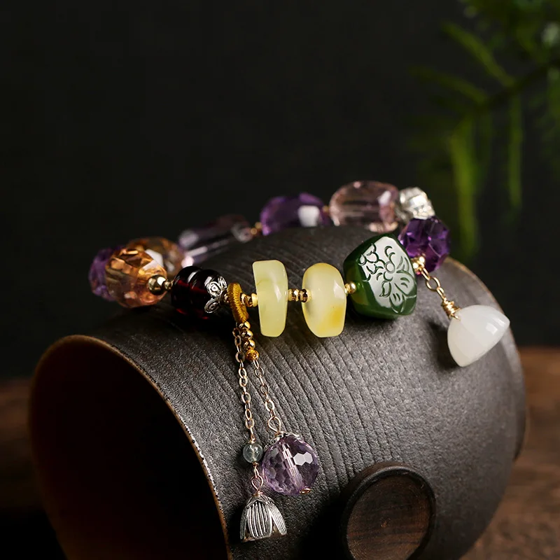 

OMHXZJ Wholesale CS12 European Fashion Woman Party Gift Natural Amethyst Citrine Beads Tassel 100% 925 Sterling Silver Bracelet
