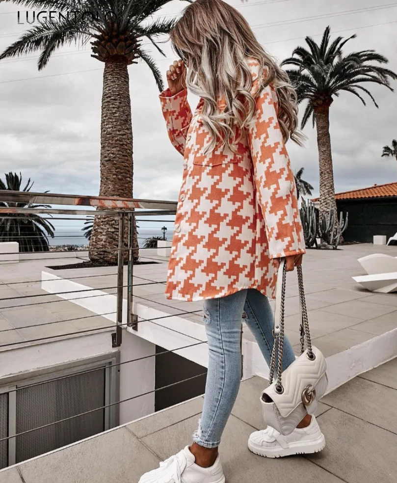 

Длинное пальто с лацканами, Женская Весенняя тонкая клетчатая куртка большого размера с карманами, Женские повседневные однобортные уличн...