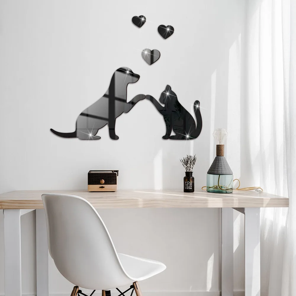 

Dog and Cat Acrylic Mirror Wall Stickers Mural Bedroom Living Room Decor Home Decoration Accessories
