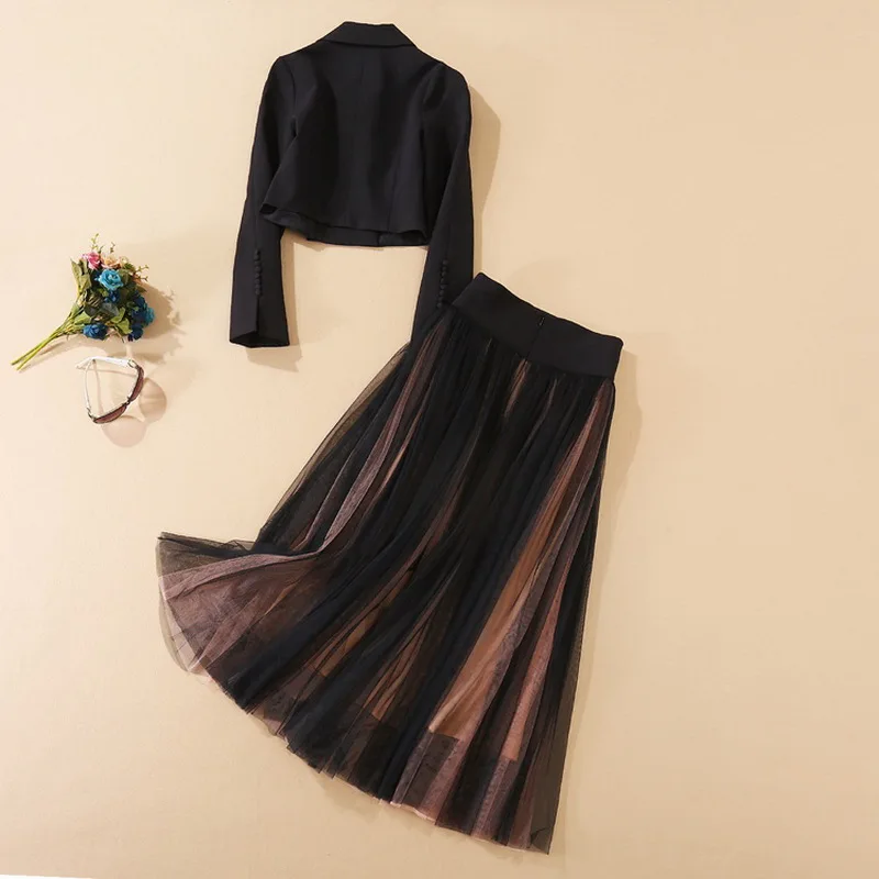 

Designer Top Grade Clothing Sets 2021 Autumn Winter Blazer Set Woman Long Sleeve Short Coats+High Waist Large Swing Mesh Skirts