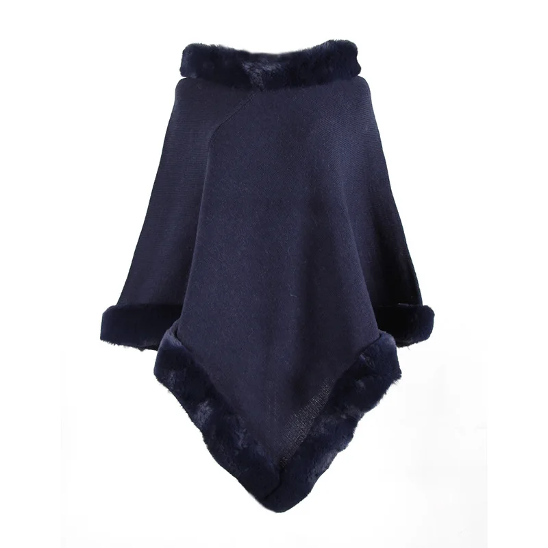 KALENMOS Autumn Winter Women O Neck Sweaters Cloak Ladies Fur Edge Round Pure Color Knitted Shawl Wraps Femme |