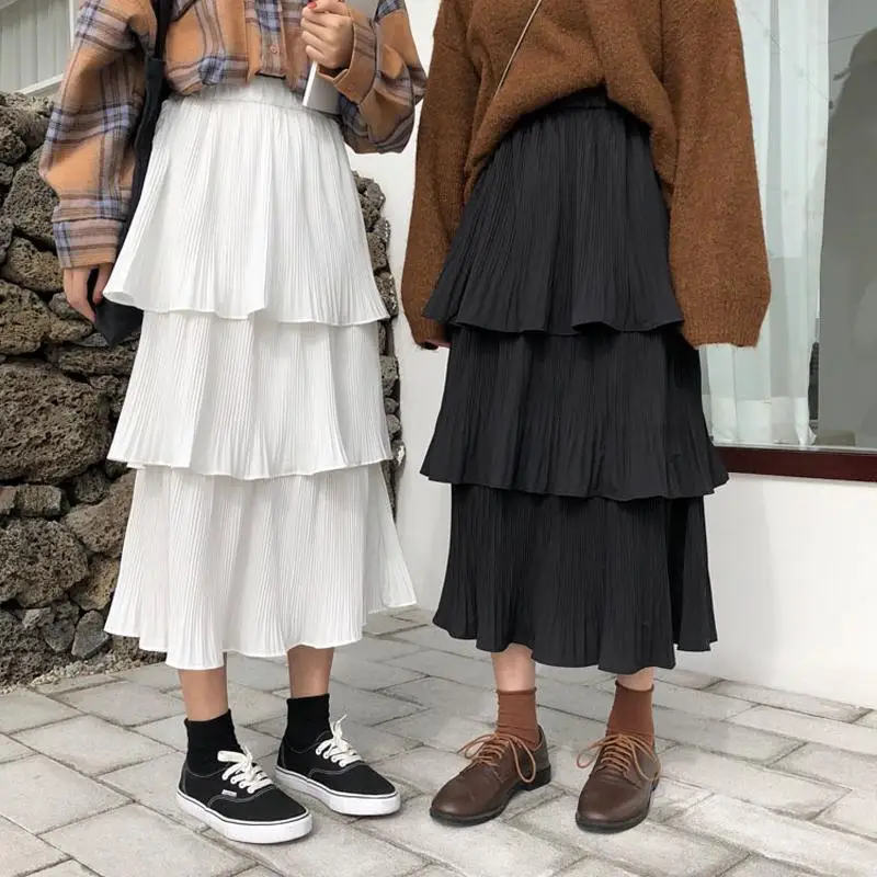 

Spring and summer Korean medium length high waist A-line cake skirt long skirt loose pleated skirt women's skirt