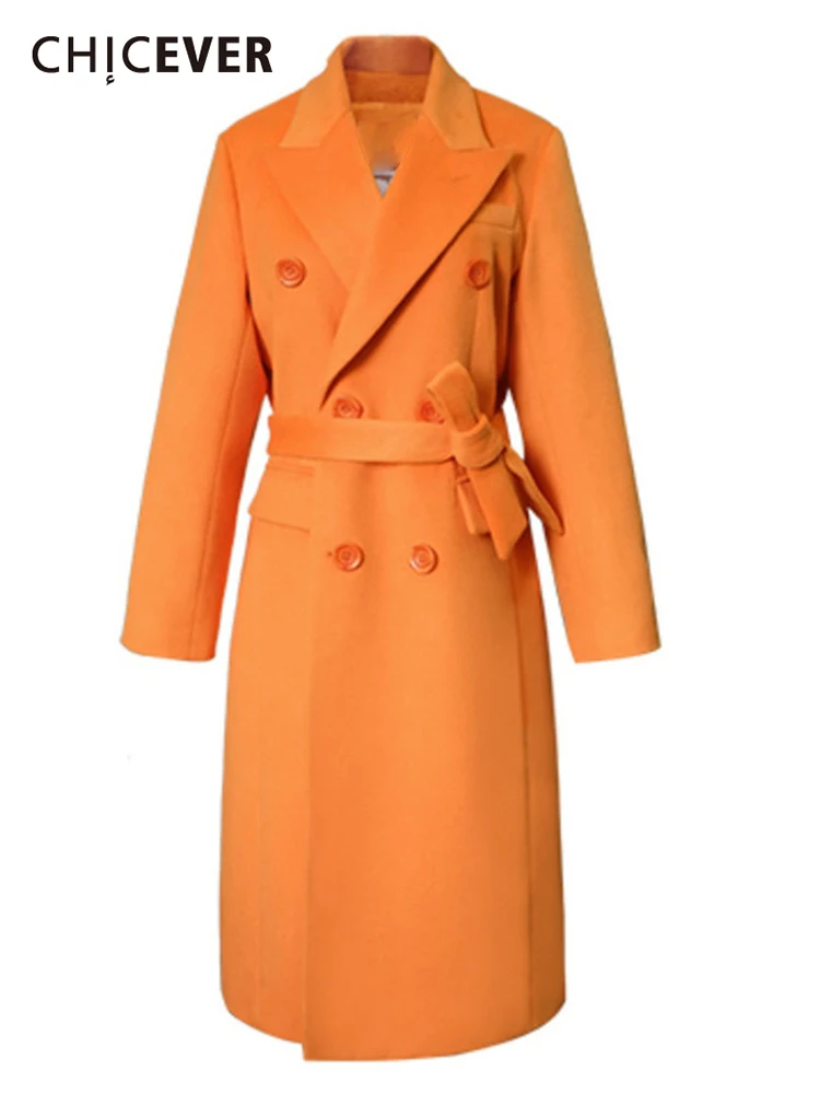

CHICEVER Orange Casual Slim Solid Temperament Lace Up Coat Female V Neck Long Sleeve Fashion Coats For Women Autumn Style 2021