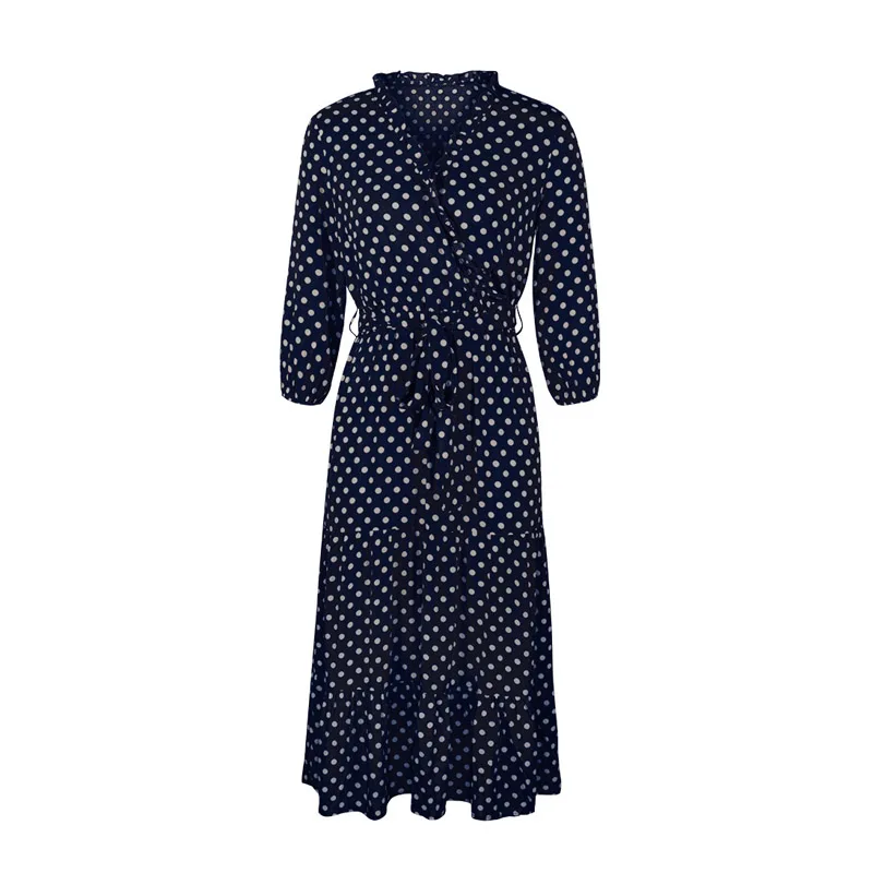 

2021 New Spring Polka Dot Print Long Sleeve Dress Casual Ruffle V-neck High Waist Lace-up Maxi Dresses for Women Female Clothing