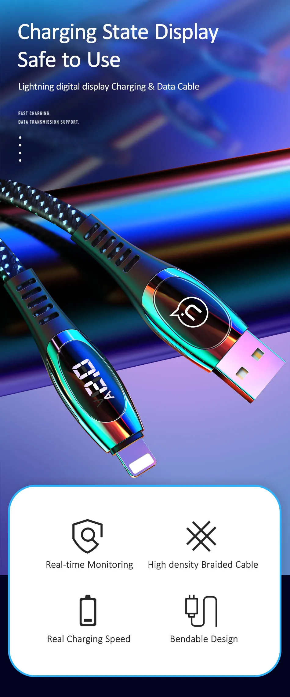 USAMS светодиодный цифровой USB кабель для iPhone XS Max XR X 2A кабель передачи данных для быстрой зарядки нейлоновый плетеный шнур провод для iPhone 8 7 iPad кабель