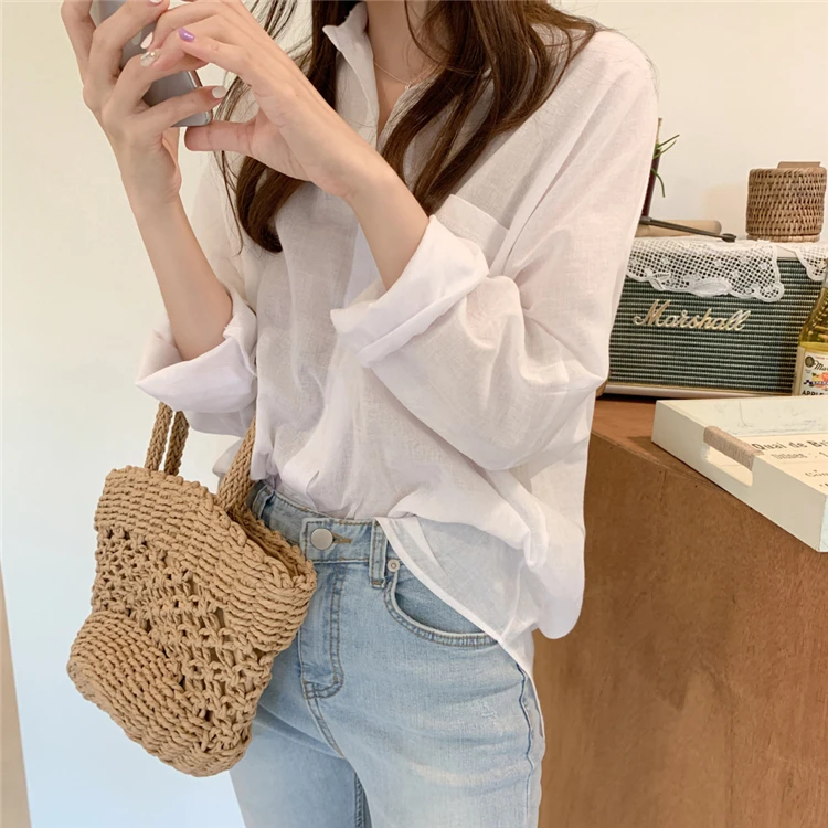 Блузка женская однобортная с карманами Повседневная модная свободная