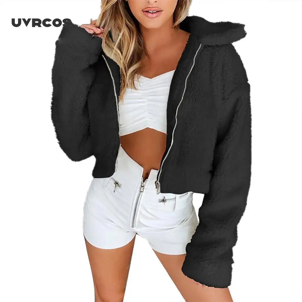 

UVRCOS coat Sweatshirt Fleece Fur Coat 2020 Women Autumn Winter Warm Soft Jacket Thick Plush Zipper Overcoat Short Outerwear