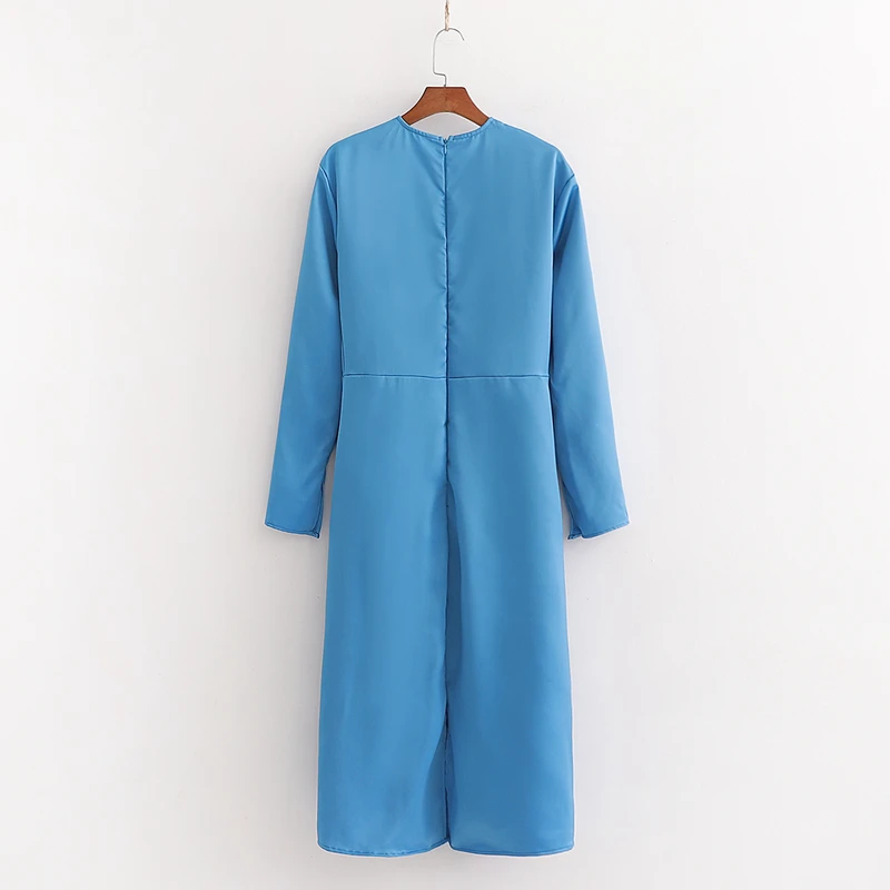 

YNZZU Elegant Blue 2020 New Design Tie Up Bow Decoration Women Dress O Neck Long Sleeve Loose Split Female Party Dresses AD374