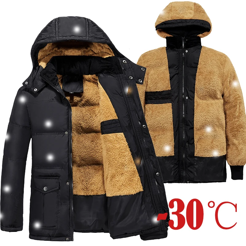 Winter Thick Men Outdoor Parka Coat  Plus Size Fur Linner Warm Jacket Male Big Pockets Snow Windbreak Outwear Sport Parkas 5XL