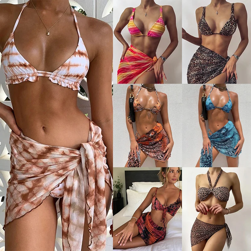 

Sexy 3 Piece Bikini Set With Cover Up Beach Dress Tie Dye Push Up Biquini Brazilian Swimwear Women Thong Bikinis 2021 Mujer