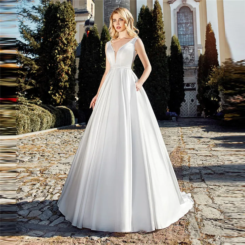 

Сексуальные свадебные платья с V-образным вырезом и открытой спиной, атласные бусины, со шнуровкой сзади, женское простое весеннее платье дл...