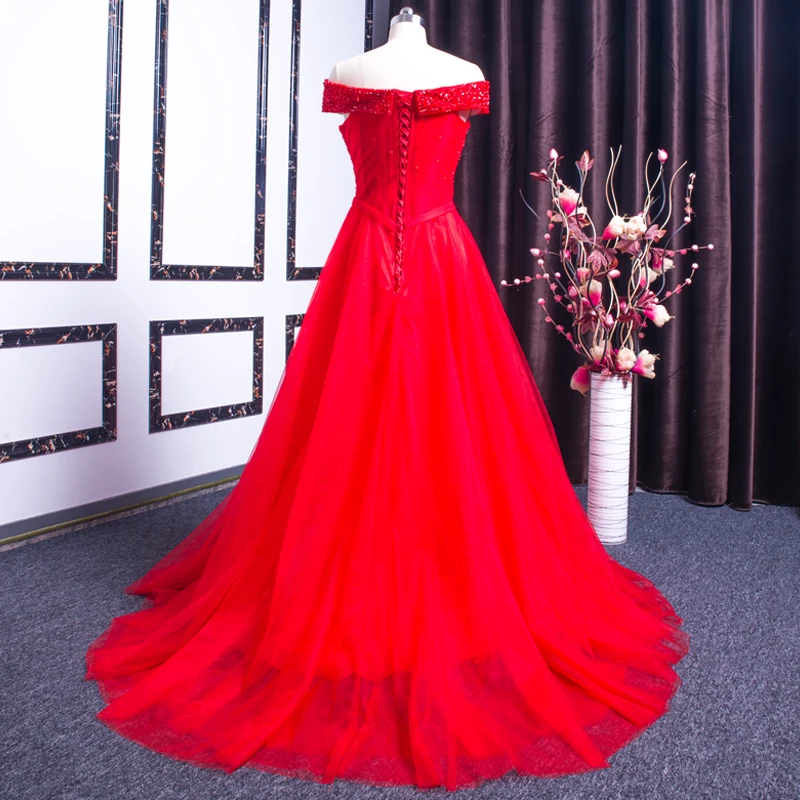 xl9542 ready to wear red prom dress v-neck off shoulder beaded long evening party dress for graduation vestido de festa longo