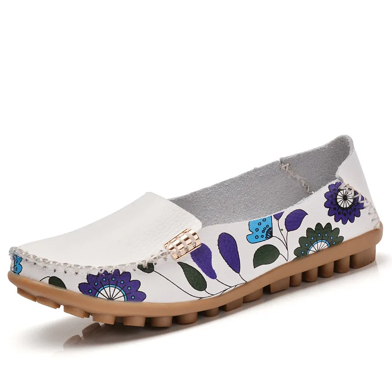 

2021New Spring Print Flower Women's Casual Shoes High Quality Genuine Leather Woman Flats Slip On Female Loafers Lady Boat Shoe