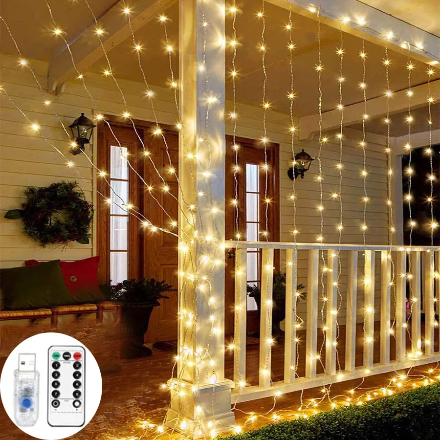 

Светильники для окна, 100/200/светодиодов, наружные садовые подвесные гирлянды с дистанционным управлением, питание от USB, рождественские свет...