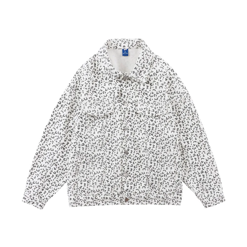 

American Style Leopard Print Patterned Denim Jacket Men's Ins High Street Fashion Brand Loose Lapels Tooling Jacket Denim Coat