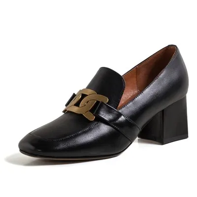 

Retro lazy loafers crocodile pattern flat low-heeled shoes with metal buckle full leather high-heeled shoes women
