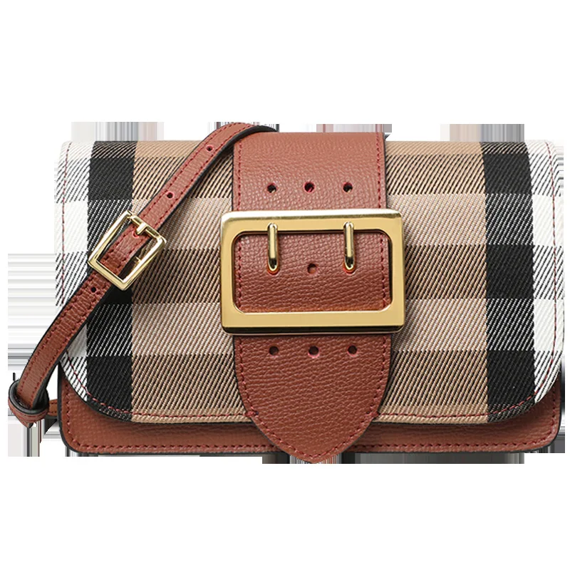 

2021 New Luxury Bag Plaid Canvas Bag Wide Shoulder Strap Leather Women's Bag Single Shoulder Crossbite Retro Small Square Bag