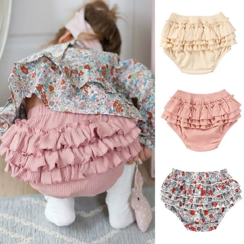 

0-3Years Baby Summer Clothing Infant Girls Floral Ruffled Ribbed Shorts PP Bottoms Cake-Layered High-Waist Solid color Shorts