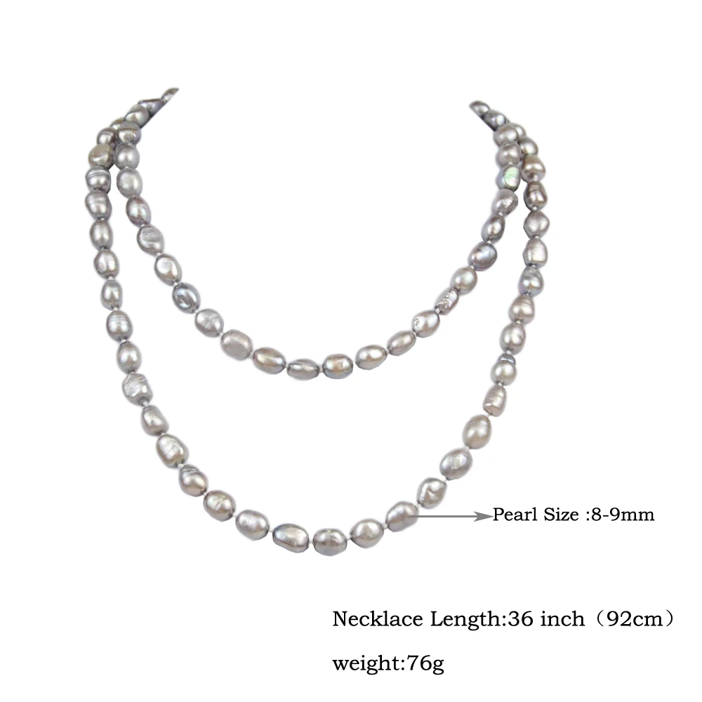 

Fashion Women Choker Necklace Gray Natural Freshwater Pearls 8-9mm Beads 2 Rows Necklace Length 36" Fine Jewelry Party Wedding