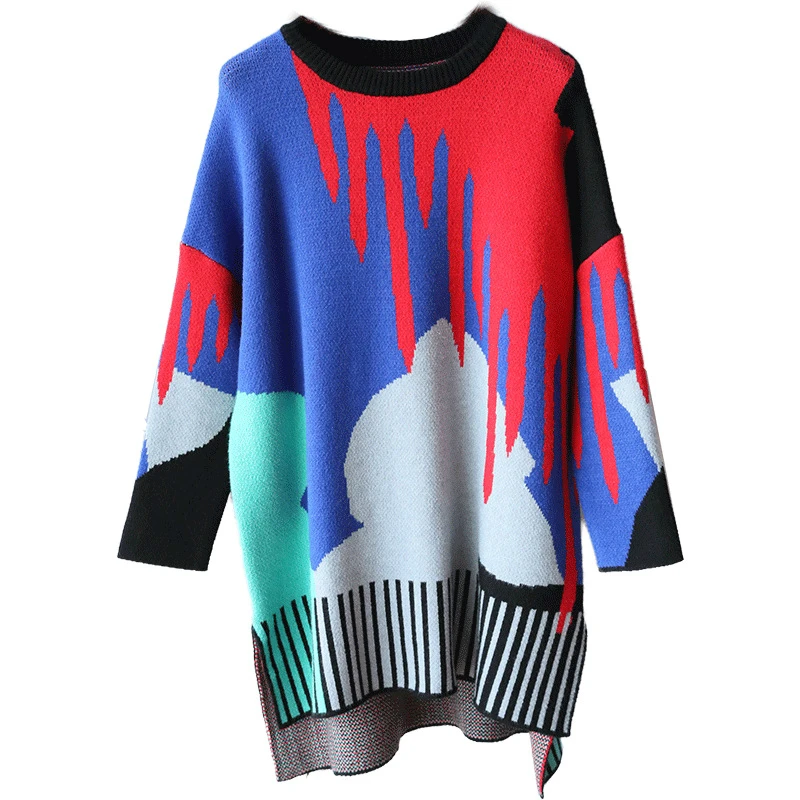 

2019 Autumn Winter Knitted Sweater for Women Contrast Long Sleeves O-neck Casual Loose Office Ladies Oversized Pullover Sweaters