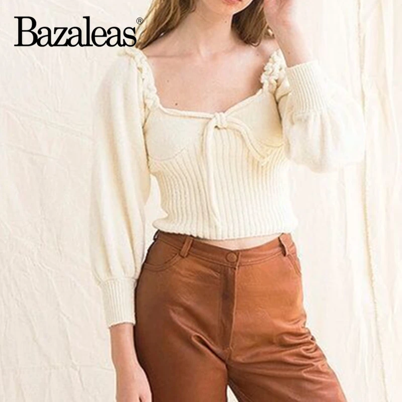 Bazaleas Elegant Lantern Sleeve Women Knitted Sweater Vintage sweater women France White Pullovers Dropshipping | Женская одежда