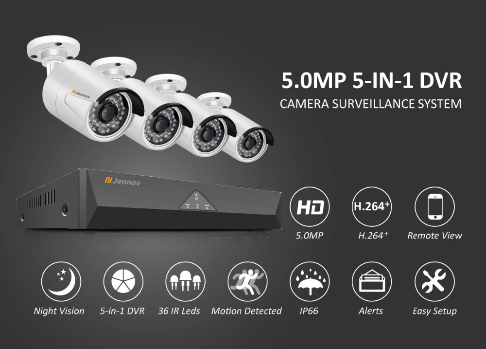 Jennov 4CH 5MP DVR AHD камера CCTV комплект наружная камера система безопасности IP видео наблюдение комплект P2P HD ночное видение H.265 IR-Cut