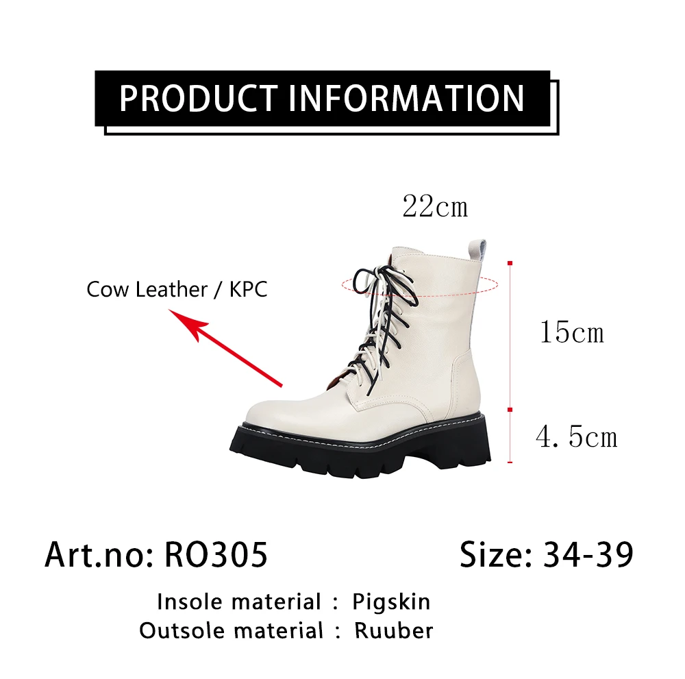 

RJN Autumn Stylish Ankle Boots High Quality Cow Leather Round Toe Low-heel Lace-up Women Shoes Anti-skid Platform Boots RO305