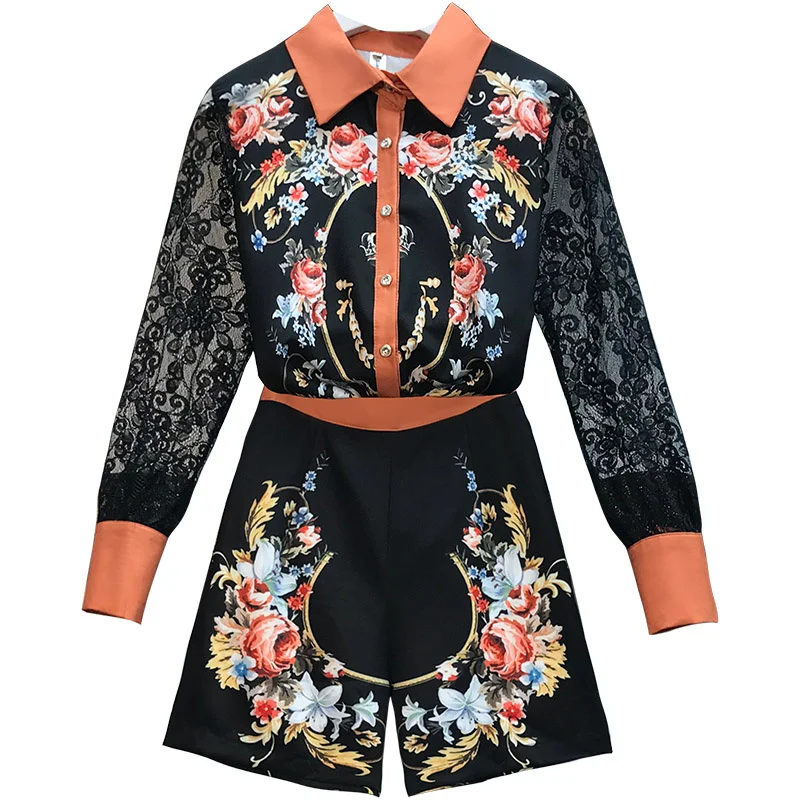 

Runway Sicilian Roses Autumn Suit Women's Two Piece Suits Lace Long Sleeve Floral Print Tops And Shorts Wide Let Pants 2pcs Set