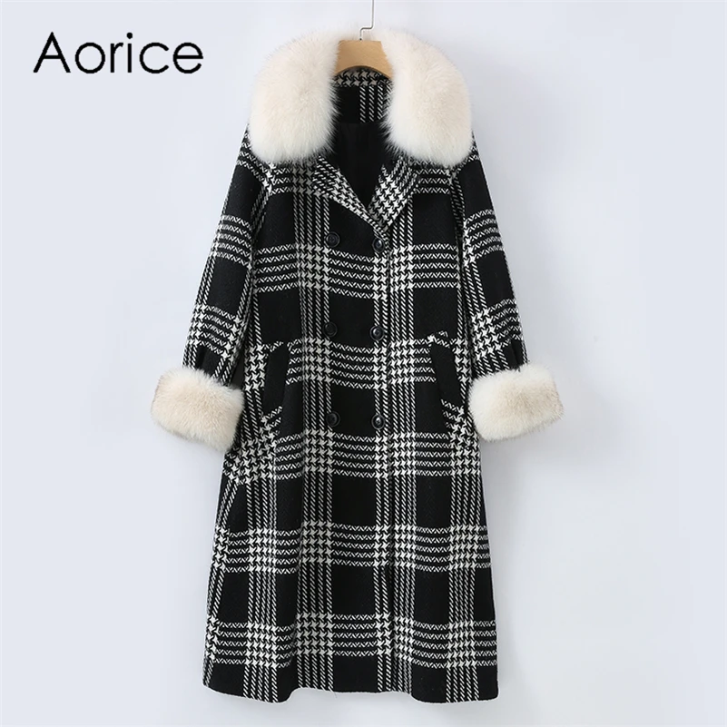 

Aorice Women Real Fox Fur Collar Wool Blends Coat Jacket Parka Long Trench CT080