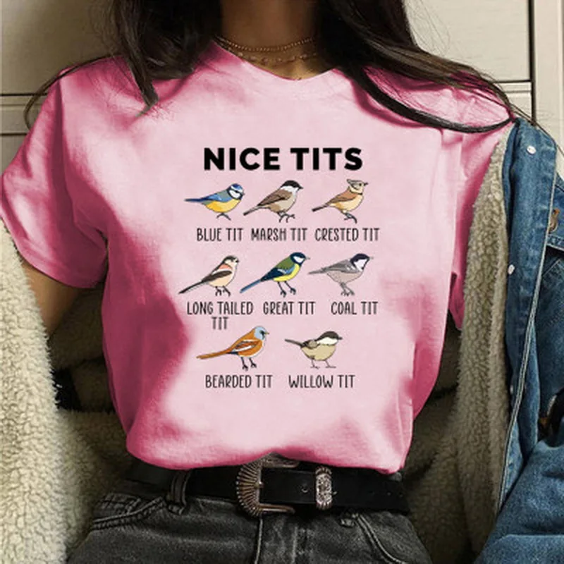 

2021 summer new fashion casual five birds plus letter combination pattern round neck short sleeve T-shirt female