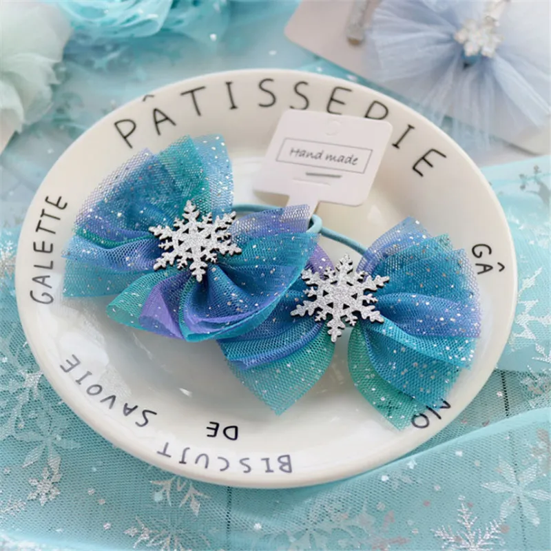 5pair/lot new Kids hair bow elastic band girls rubber snowflake clips children chiffon rope accessorie | Аксессуары для одежды