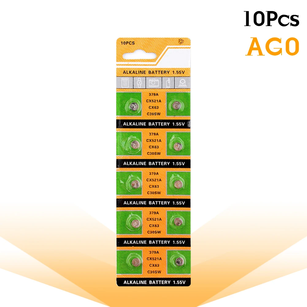 Батарейки AG0 10x щелочные кнопочные для часов 379 SR521SW D379 V379 V520 280 59 GP379 SR63 618 JA