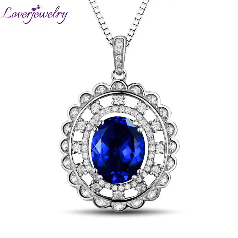 

LOVERJEWELRY Pendants for Women Stunning 4.2ct Oval 9x11mm Blue Tanzanite Diamonds Party Pendant 14K White Gold Gemstone Jewelry