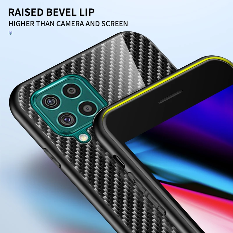 

Carbon Fiber Pattern Tempered Glass Case For Samsung Galaxy M62 Cover TPU Frame Hard Back Cover For Galaxy F62