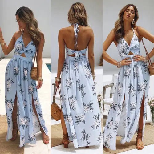 Новые летние Boho элегантный цветочный с лямкой на шее v-образный вырез длинное