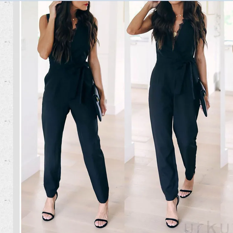 Женский комбинезон без рукавов однотонный с глубоким V-образным вырезом брюки