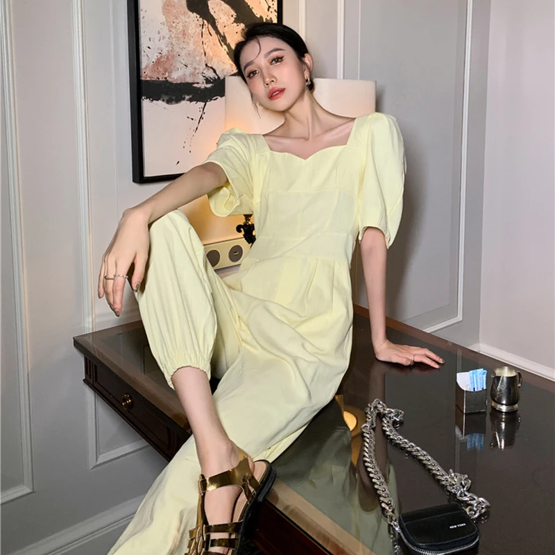 

XIZIHUPAN Solid Fold Pleated Jumpsuit Female Square Collar Puff Short Sleeve High Waist Full Length Straight Jumpsuits 2021 New