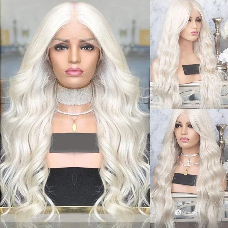 

AIMEYA Platinum Blonde Body Wave Wig with Middle Part Synthetic Lace Front Wigs for Women Pre Plucked Natural Hairline Wig