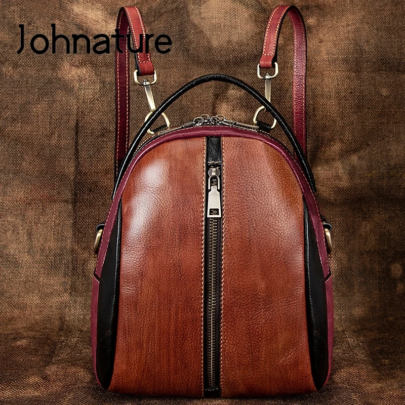 

Johnature Retro 2021 New Genuine Leather Bagpack Women Bag Mini Backpack Leisure Solid Color First Layer Cowhide Travel Bags