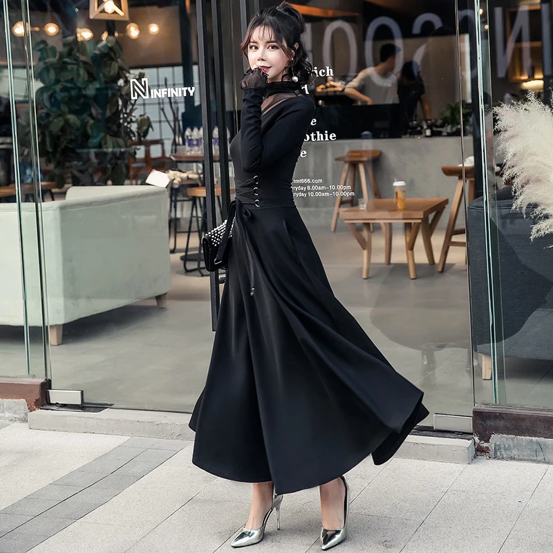 

new arrival fashion korean style long dress women elegant autumn sexy stand neck perspective temperament OL black a-line dress