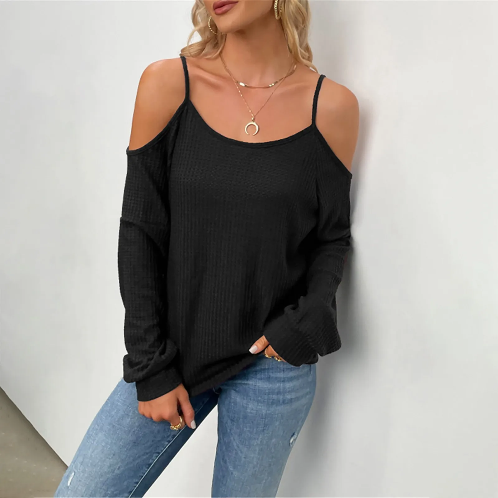 

Женская Повседневная однотонная Толстовка на бретелях с открытыми плечами топ с длинными рукавами свитер Moletom Feminino 813 # Q