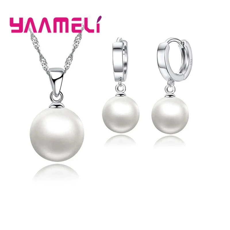 

Smooth Women Wedding Jewelry Sets 925 Sterling Silver Ball Round Freswater Pearl Necklace Hoop Earrings Fashion Accessories