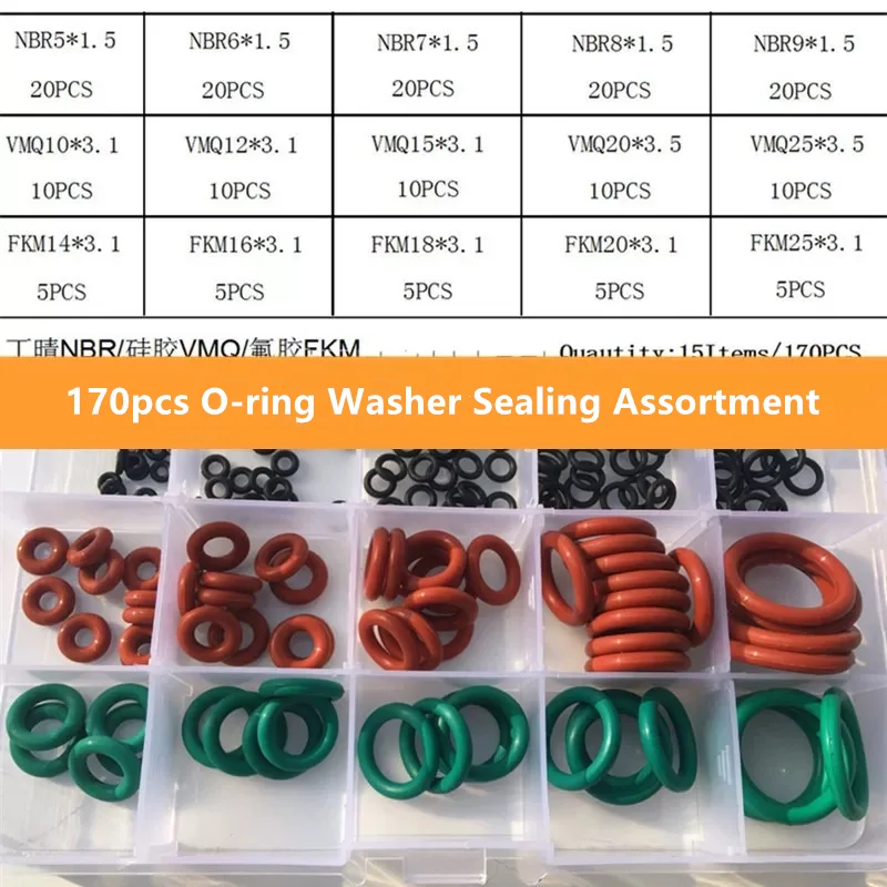 

170pcs/set Rubber O Ring O-Ring Washer Seals Watertightness Different Size NBR VMQ FKM Assortment Kit Set With Plactic Box